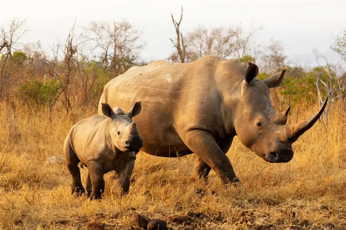 A black rhino and her calf standing in dry golden grass